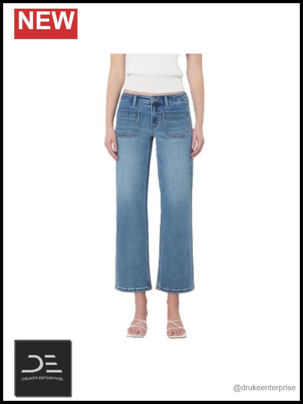 Mid Rise Slim Wide Leg Cropped Jeans Patch Pockets Stretch Denim 27" Inseam